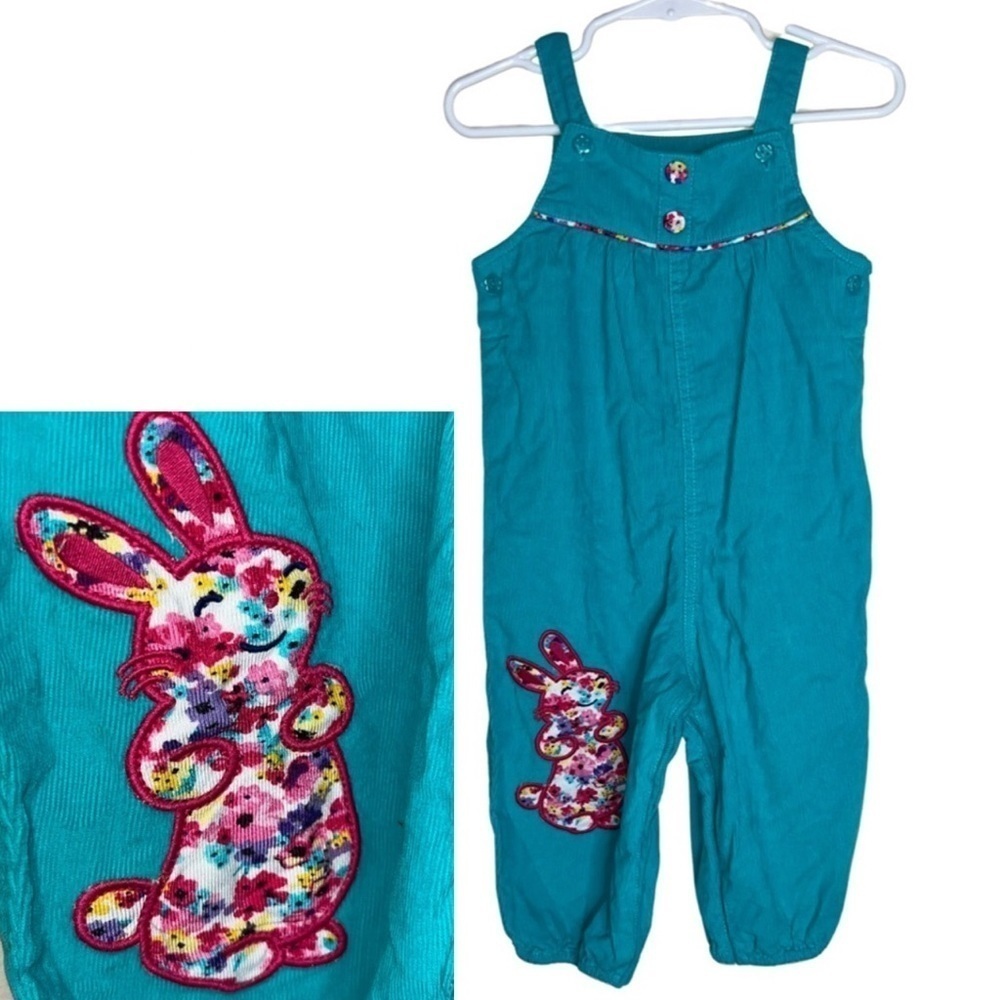 Beebay Turquoise Corduroy Overalls With Floral Buttons and Bunny Size 12-18 mos